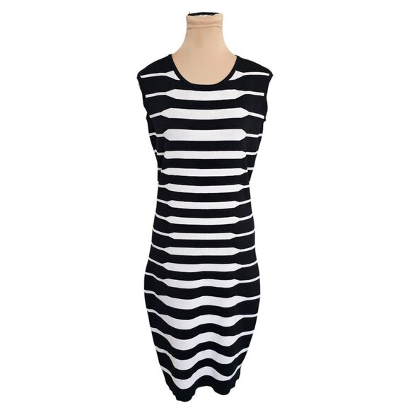 Frank Lyman Stretchy Bodycon Back White Striped Dress Sz M - Picture 1 of 6